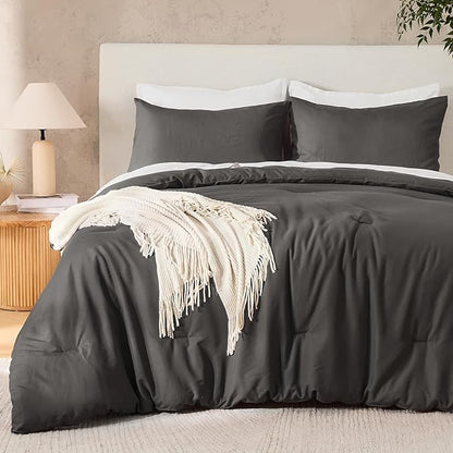 Andency Dark Grey King Size Comforter Set, 3 Pieces Boho Solid Bedding Comforter Set, Soft Cozy Lightweight Reversible All Season Warm Microfiber Bed Blanket Quilt Sets for Men Women (104x90Inch)
