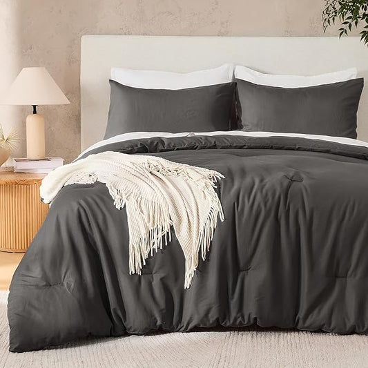 Andency Dark Grey King Size Comforter Set, 3 Pieces Boho Solid Bedding Comforter Set, Soft Cozy Lightweight Reversible All Season Warm Microfiber Bed Blanket Quilt Sets for Men Women (104x90Inch)