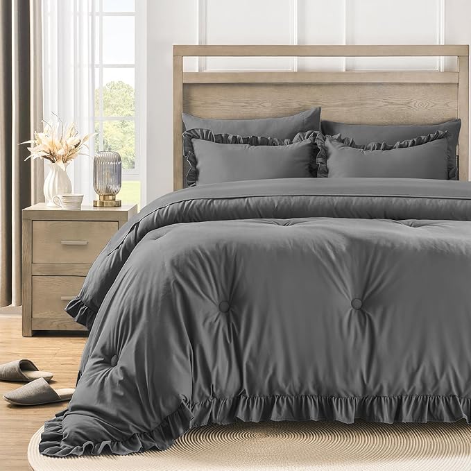 QUIETSEA Twin Bed in a Bag 5 Pieces Comforter Set Twin, Ruffle Shabby Chic Bedding Comforter Set Dark Grey Bed Set with Comforter, Pillowcase, Flat Sheet, Fitted Sheet and Pillow Sham
