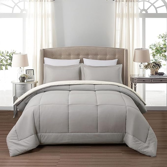 EMME King Comforter Set 7 Pieces Ultra Soft White and Grey Bedding Sets, King Bed in a Bag, All Season Bed Set with 1 Comforter, 1 Flat Sheet, 1 Fitted Sheet, 2 Pillowcases and 2 Pillow Shams