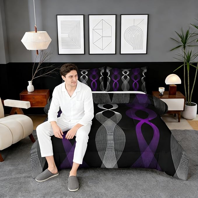 Erosebridal Purple and Black Comforter Set King,Boho Abstract Purple Striped Bedding Set, Modern Aesthetic Line Comforter, Contemporary Gradient Geometric Stripes Quilt for Men Adults Boys Bedroom