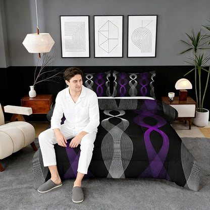 Erosebridal Purple and Black Comforter Set King,Boho Abstract Purple Striped Bedding Set, Modern Aesthetic Line Comforter, Contemporary Gradient Geometric Stripes Quilt for Men Adults Boys Bedroom