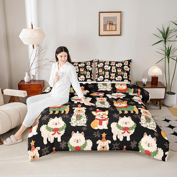 Castle Fairy Cute Puppy Dog Animal 3 Pcs Queen Size Comforter Set,Merry Christmas Theme Down Alternative Adults Bedroom Decor,Christmas Pets Ultra Soft Microfiber Inner Fill 3Pcs Bedding