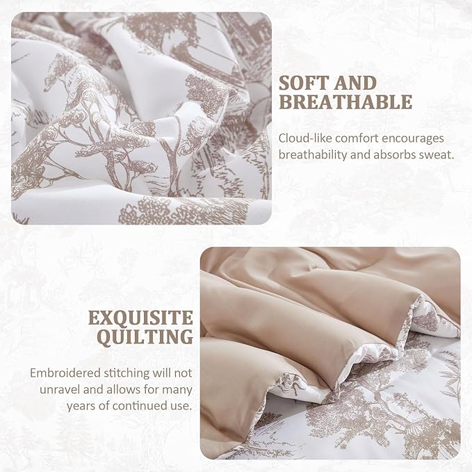 DJY Khaki Comforter Set Full Size,7 Pieces Bed in a Bag Botanical Comforters with Sheets Elegant Plants Print Soft Microfiber Reversible Complete Bedding Sets for All Season