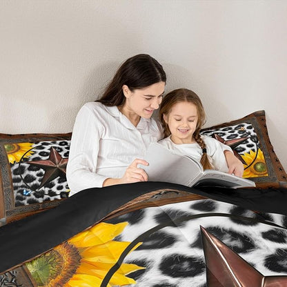 Erosebridal Western Texas Star Bedding Set Toddler, Rustic Cowhide Comforter Set for Kids Teens Adult Room Decor, Cow Print Farm Animal Duvet Insert Cowboy Vintage Sunflower Quilt, 1 Pillow Case