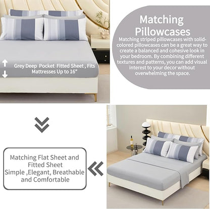 RYNGHIPY Full Size Bed Sets 8 Pieces: Light Grey Stripe Bedding Comforter Sets Soft Fluffy Microfiber Bed in A Bag All Season Bedding Set (Full,Light Grey)