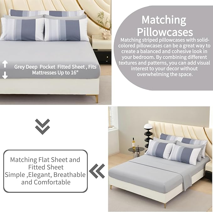 RYNGHIPY Queen Size Bed Sets 8 Pieces: Light Grey Stripe Bedding Comforter Sets Soft Fluffy Microfiber Bed in A Bag All Season Bedding Set (Queen,Light Grey)