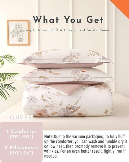 Vintage Natural Cotton Comforter Queen Size 3Pcs - Brown & Lilac Gray Branches and Soft Blush Flowers on Off-White, Lightweight Reversible Floral Bedding Sets(Full/Queen,90"×90")