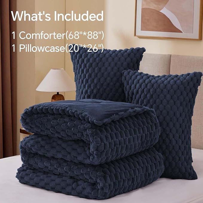 BEDELITE Fluffy Twin Comforter Set - Navy Blue Fleece Soft Comforter for Twin Size Bed, Luxury Warm Bedding Set for Winter, Fuzzy Bed Set 2 Pieces (1 Comforter, 1 Pillowcase)