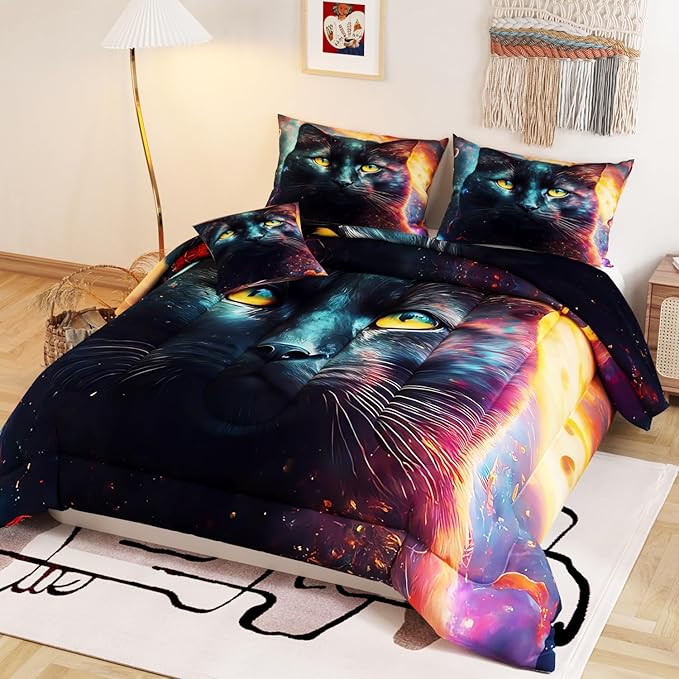 Namoxpa6 Pieces Cat Comforter Sets,3D Galaxy Pattern,Decorative 6 Piece Bedding Sets with Comforter,Flat Sheet,Fitted Sheet,Throw Pillow Cover,Pillow Shams,Queen Size