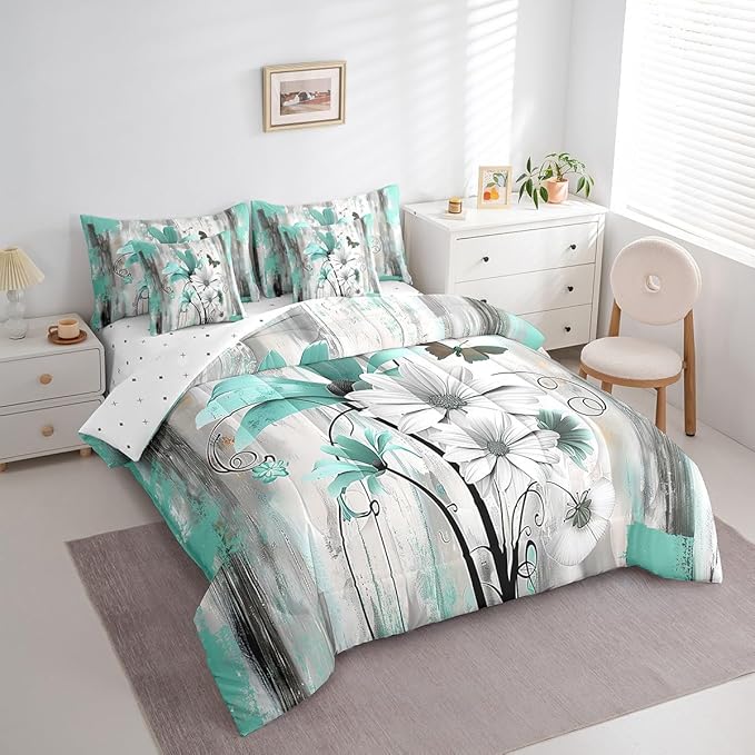 Feelyou Flower Comforter Set Twin Size 7 Pieces Vintage Floral Bedding Set for All Season Butterfly Garden Flower Bed in a Bag with Comforter, Sheets, Pillowcases & Cushion Cover