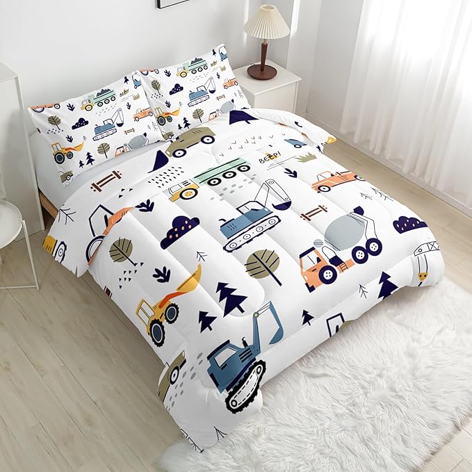 Cartoon Car Comforter Sets King Size，Bedding Sets 3PCS for Kids,Construction Excavator Bedding Sets All Season 1 Comforter and 2 Pillowcases