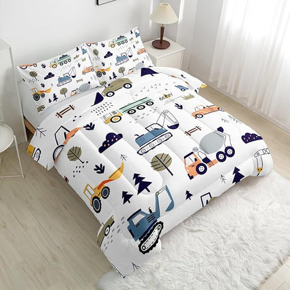 Cartoon Car Comforter Sets King Size，Bedding Sets 3PCS for Kids,Construction Excavator Bedding Sets All Season 1 Comforter and 2 Pillowcases