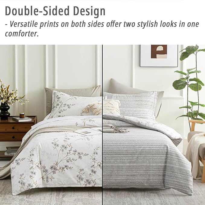 Vintage Botanical White Cotton Comforter King Size - Elegant Gray Flowers and Taupe Branches on White, Light Gray Striped Back, 3PC Lightweight Bedding Set with Ultra-Soft Alternative Fill