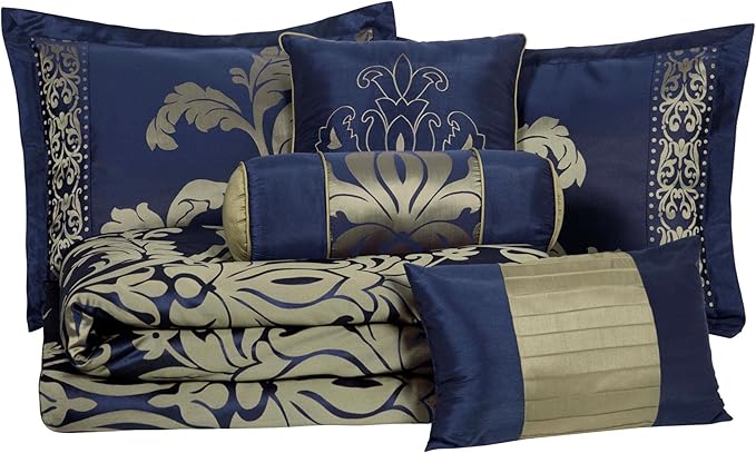 Chezmoi Collection 7-Piece Jacquard Floral Comforter Set (Queen, Navy/Gold)