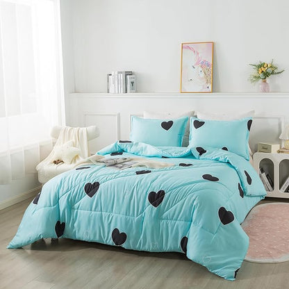 Caressma Love Pattern Girls Comforter Set Full Size, Sky Blue Cute Love Heart Print Comforter Bedding Set for All Seasons, Geometric Soft Microfiber 3 Pieces Comforter Set with Pillowcases