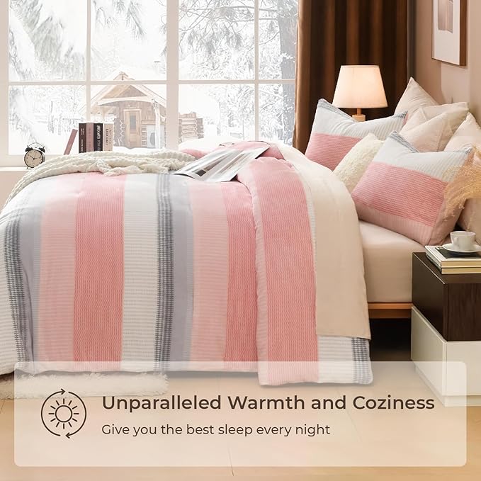 Litanika Fluffy Fleece Twin Comforter Set, Luxury Soft Plush Fuzzy Blush Stripe Bedding Comforter Sets, Warm Shaggy Faux Fur Bed Set All Season (1 Comforter, 1 Pillowcase)