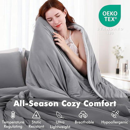 Elegear King Comforter Set Gray, PCM Tech Ultra-Soft Bedding Set, 2Pcs Upgraded Micro Fleece Lightweight Breathable Comforter Set All Season, 1 Reversible Comforter 102x90, 2 Zipper Pillowcases 20x36