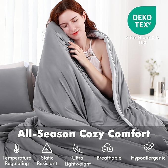 Elegear Queen Comforter Set Gray, PCM Temperature Regulating Ultra-Soft Bedding Set, 3Pcs Upgraded Micro Fleece Lightweight Comforter Set All Season, 1 Cover Free Comforter 90x90, 2 Pillowcase 20x26