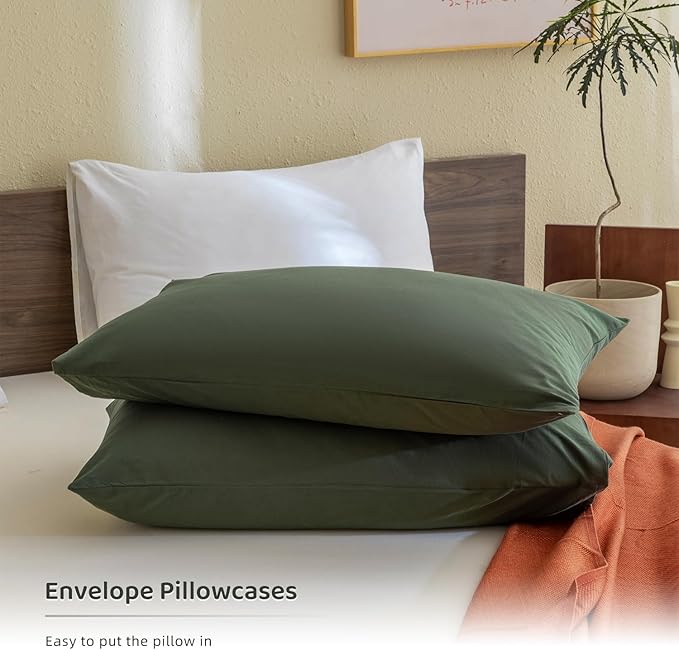 Sanracie Olive Green Queen Size Comforter Set Cotton,Dark Green Bedding Comforers Set Solid Color,3 Pieces Lightweight Aesthetic Queen Bedding Set for All Seasons