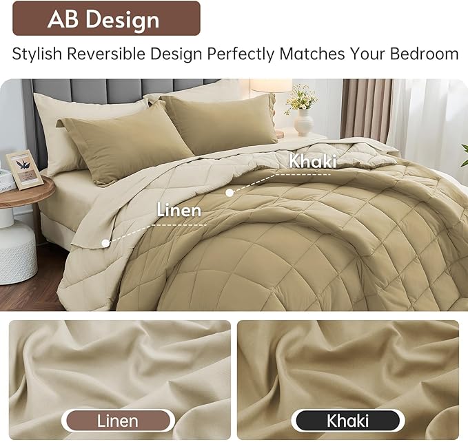 MUXHOMO 7 Pieces King Comforter Set, Reversible Bed in a Bag King Size, All Season Bedding Set with Comforter, Flat Sheet, Fitted Sheet, Pillowcases & Shams, Khaki & Linen