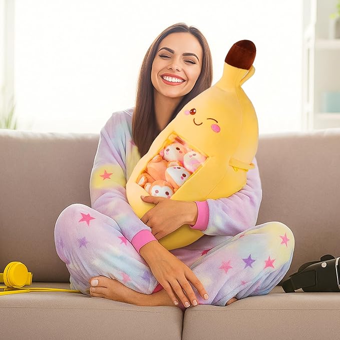 Lewtemi Cute Banana Pillow Kawaii Stuffed Animal Removable Emotional Plush Support Cat Dinosaur Gift for Home Room Positive Decor(Banana)