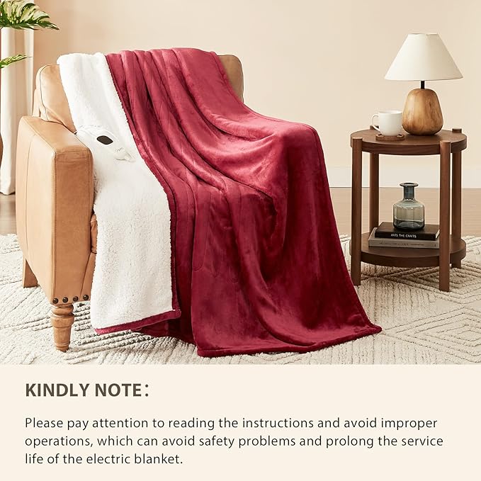 Homemate Electric Heated Blanket Queen Size - 84"x90" Heating Blanket Queen Size Dual Control 1/2/4/6/8 Hours Auto-Off 10 Heat Level Over-Heat Protection Flannel Sherpa ETL Certification