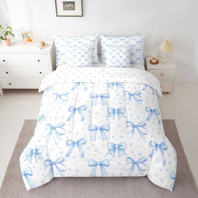 Erosebridal Bowknot Girls Blue Kawaii 7 Piece Bedding Set Twin | Cute Bow Comforter Set with Sheets Princess Bed in A Bag Starry Bed Sets