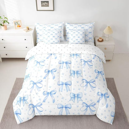 Erosebridal Bowknot Girls Blue Kawaii 7 Piece Bedding Set Twin | Cute Bow Comforter Set with Sheets Princess Bed in A Bag Starry Bed Sets