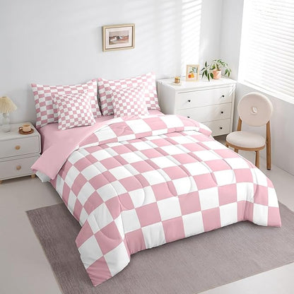 Feelyou Checkered 7 Piece Bedding Set Teen Women Men Pink Plaid Comforter Set with Sheets King Size Kids Boys Cute Retro Neutral Checkerboard Geometric Bed in a Bag Vintage Aesthetic Room Decor
