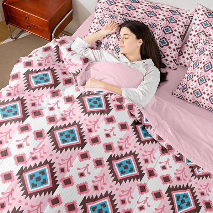 Erosebridal Boho Aztec Bed in A Bag Twin 7 Pcs Bohemian Southwestern Comforter Set for Kids Girls Western Ethnic Tribal Mexican Bedding Sets Pink Cowgirl Geometric Diamond Sheet Set with Comforter