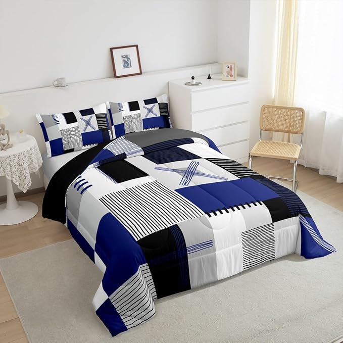 Erosebridal Navy Blue Grey Boys Comforter Set Toddler Black White Abstract Bedding Set for Kids Teen Men Geometric Square Quilt Grids Checkered Duvet Insert Modern Fashion Room Decor 2 Pcs
