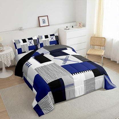 Erosebridal Navy Blue Grey Boys Comforter Set Toddler Black White Abstract Bedding Set for Kids Teen Men Geometric Square Quilt Grids Checkered Duvet Insert Modern Fashion Room Decor 2 Pcs