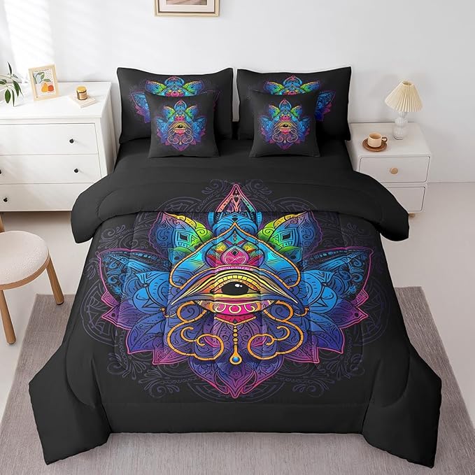 Erosebridal Hippie Hamsa Eye Bedding Set Bohemian Lotus King Size Comforter Set, Boho Mandala Bedding Comforter Sets Tribal Paisley Floral Bed in a Bag 7pcs, Black Blue Bed Set