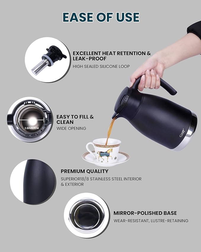 GiNT 51oz Thermal Coffee Carafe with Infuser – Insulated Tea Carafe, Removable Filter, Dishwasher-Safe | 1.5L 6–7 Cups, Wide Mouth, Leak-Proof Seal | Stainless Steel Beverage Server for Home & Office