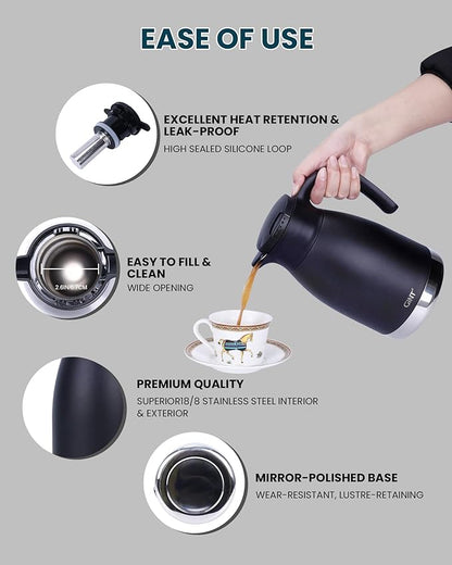 GiNT 51oz Thermal Coffee Carafe with Infuser – Insulated Tea Carafe, Removable Filter, Dishwasher-Safe | 1.5L 6–7 Cups, Wide Mouth, Leak-Proof Seal | Stainless Steel Beverage Server for Home & Office