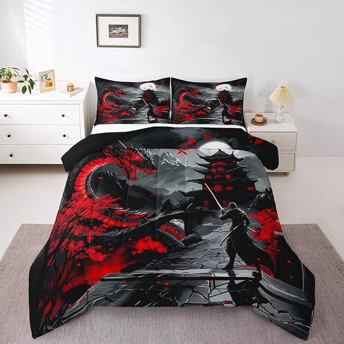 Erosebridal Dragon Bedding Set Queen Size, Japanese Style Comforter Set for Teens Youth Adult Men Room, Ancient Animal Quilt, Retro Wildlife Ukiyo-E Down Comforter, Black Grey Red