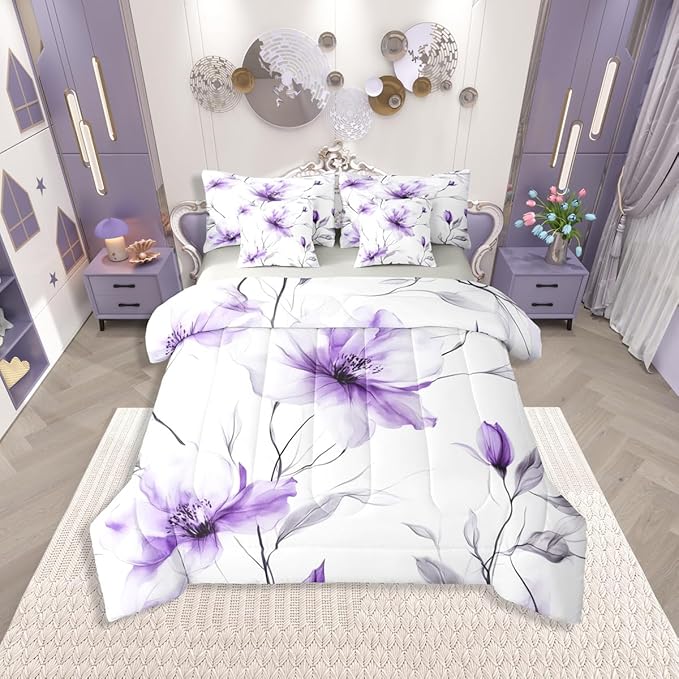 Erosebridal Bohemian Flower Twin 7 Pcs Bedding Set, Purple Floral Artistic Comforter Set with Sheets for Women, Elegant Watercolor Floral Boho Bed in A Bag, Ink Painting Style Blossom & Leaf Bed Sets