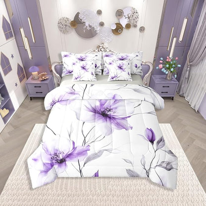 Erosebridal Bohemian Flower Twin 7 Pcs Bedding Set, Purple Floral Artistic Comforter Set with Sheets for Women, Elegant Watercolor Floral Boho Bed in A Bag, Ink Painting Style Blossom & Leaf Bed Sets