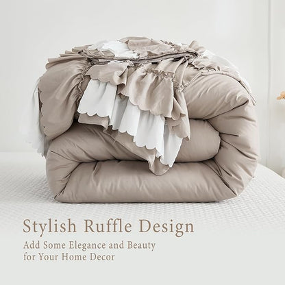 Herside Taupe Ruffle Comforter Set Queen Size,Shabby Chic Boho Bedding Sets, Soft Fluffy Comforters Sets for All Season,Vintage Ruffled 3 Pcs Microfiber Lightweight Quilt Set for Women Girls
