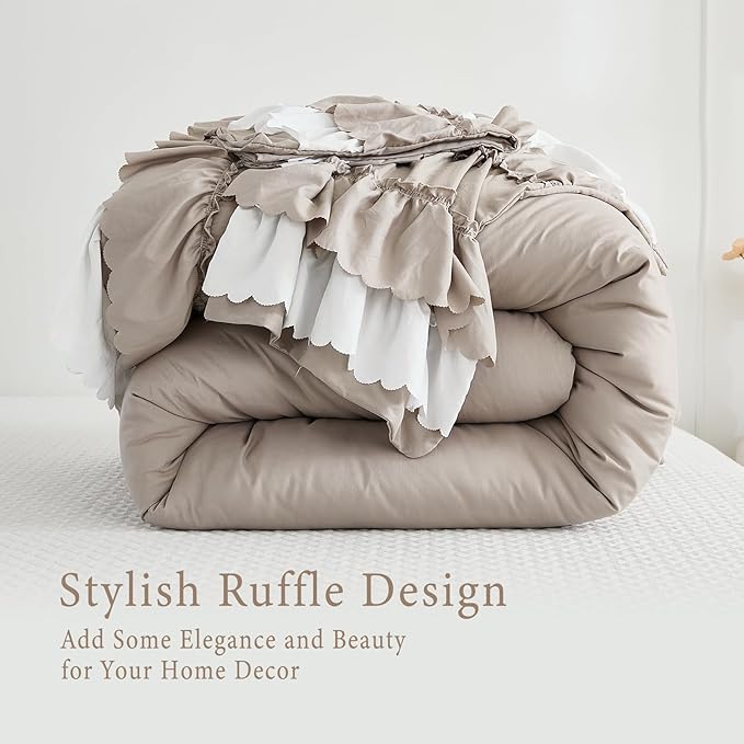 Herside Taupe Ruffle Comforter Set King Size,Shabby Chic Boho Bedding Sets, Soft Fluffy Comforters Sets for All Season,Vintage Ruffled 3 Pcs Microfiber Lightweight Quilt Set for Women Girls
