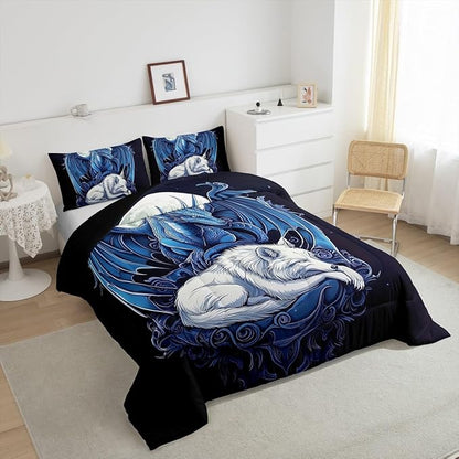Erosebridal Dragon Comforter Set Toddler Size for Boys, Wolf Animals Bedding Set, Tribal Exotic Wildlife Down Comforter for Boys Adult Men Room, Moon Starry Sky Quilt, Black Blue