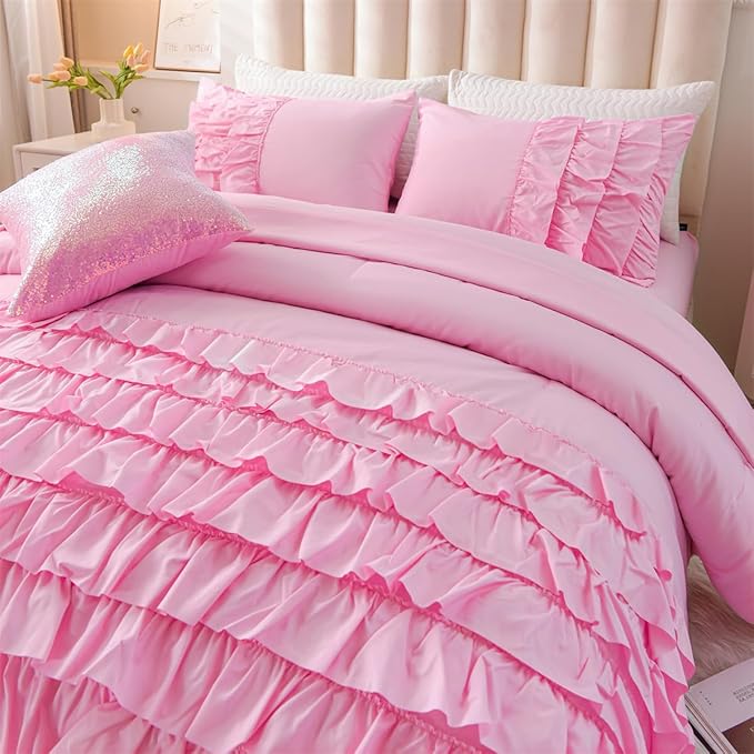 Holawakaka Pink Waterfall Ruffle Comforter Set Full Size Multi-Layers Ruffled Shabby Chic 3PCS Bedding Set for Girls Women, Kids Teens Ruched Dorm Bed Set
