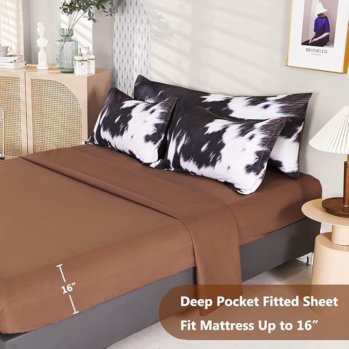 SUCSES 8Pcs Cow Fur Print Twin Comforter Set with Sheets, Cute Animal Cowhide Bedding Set for Kids Teens Boys Girls, Western Highland Farmhouse Style Bed in A Bag