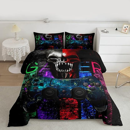 Gamer Bedding Sets for Boys, Gaming Down Comforter Queen Size, Gamer Room Decor Bedding Kids Video Games Comforter Set, Sugar Skull Gamepad Duvet Sets for Men Bedroom,with 2 Marble Pillow Sham