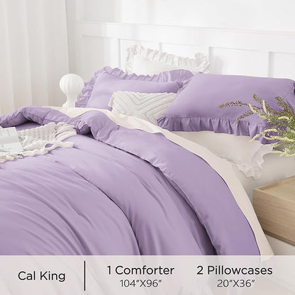 Andency California King Comforter Set Lavender (104x96Inch), 3 Pieces Cal King Ruffle Comforter, Oversized Farmhouse Shabby Chic Bed Comforter, Lighteweight and Soft Microfiber Bedding Set