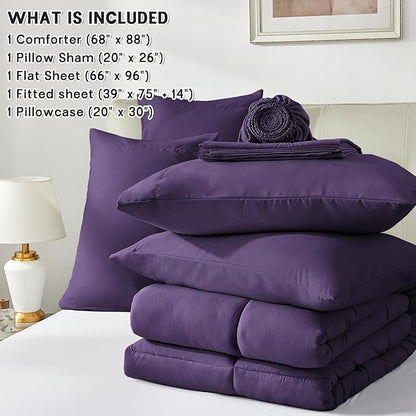 Anluoer Twin Comforter Set 5 Piece, Dark Purple Bed in a Bag with Sheets, Comforters Twin Size Bedding Sets with 1 Comforter, 1 Pillow Shams, 1 Pillowcases, 1 Flat Sheet,1 Fitted Sheet