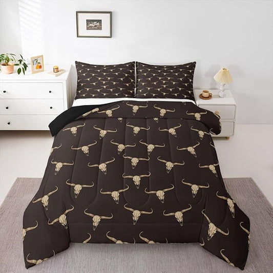 Erosebridal Bull Skull Comforter Set Toddler Ethnic Bohemian Bedding for Men Boys | Tribal Steer Skull Wildlife Aztec Bedroom Decor Farmhouse Cabin Lodge Duvet Insert with 1 Pillow Case,Brown