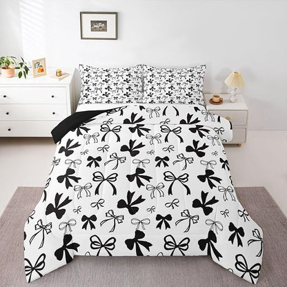 Erosebridal Black Bow Bedding Set Cute Coquette Bowknot Comforter Set King Size for Kids Girls Teen,Black Watercolor Bow Bedding Comforter Sets Modern Simple Fashion Aesthetic Bed Set