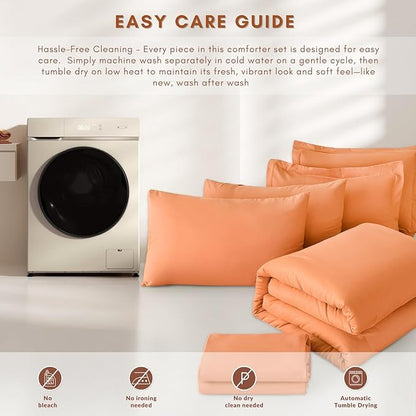Cal King Comforter Duvet Cover Set Burnt Orange - 7-Piece Bed in a Bag, Double Brushed Micorfiber All-Season Soft Bedding with Sheets & Envelope Pillowcases(104"x90",Cal King)